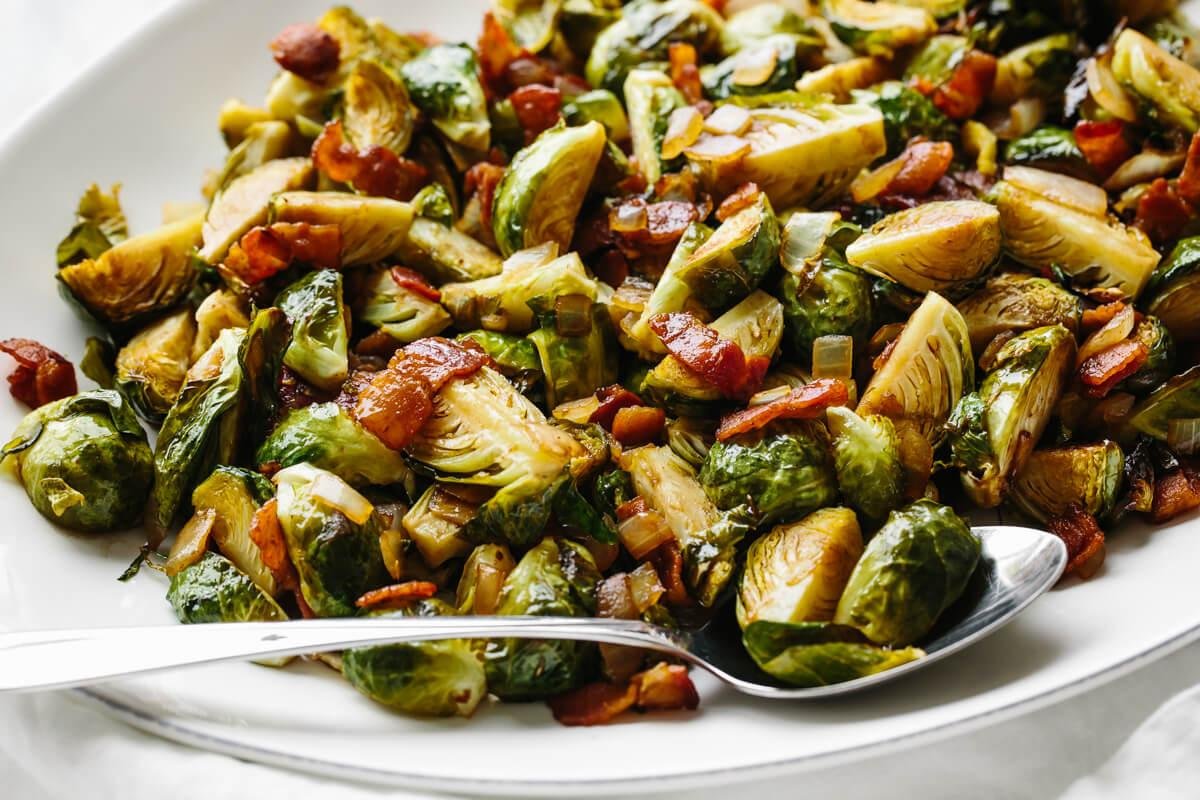 Crispy Roasted Brussel Sprouts with Bacon and Balsamic Glaze